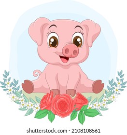 Cartoon baby pig sitting in the grass with flowers