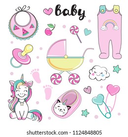 cartoon baby pink elements collection with unicorn for baby girl