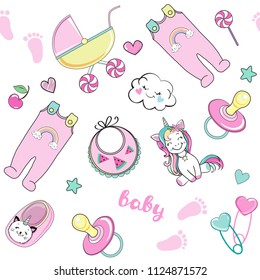 cartoon baby pink elements collection with unicorn for baby girl seamless pattern