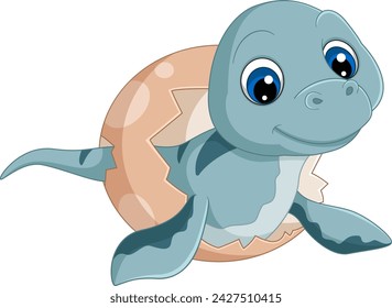Cartoon baby plesiosaurus hatching from egg of illustration