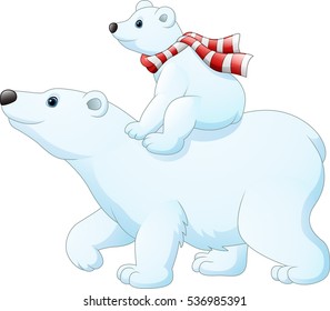 Cartoon baby polar bear riding on her mother's back 