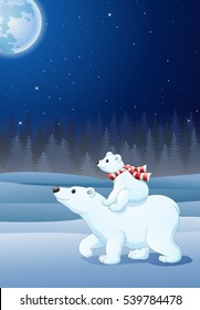 Cartoon baby polar bear riding on her mother's back 