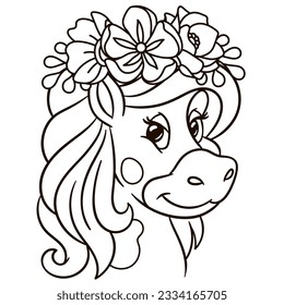Cartoon baby pony in floral crown. Cute baby animal nursery print