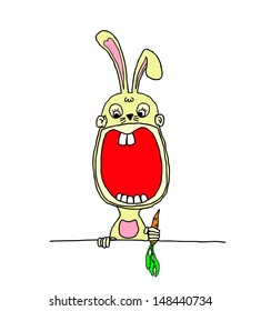 A cartoon of a baby in a rabbit costume suit while holding a carrot and a wide open mouth with blank space for text.