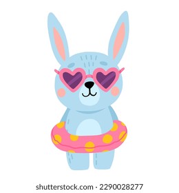 Cartoon baby rabbit in heart shaped sunglasses and swim ring. Cute blue bunny standing. Isolated vector illustration for childrens book.