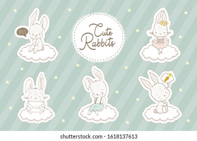 Cartoon baby rabbits forest animal characters on the clouds. Stickers collection. Posing, sitting, dancing, thinking. Hand drawn cartoon design vector illustration