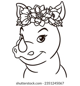 Cartoon baby rhino in floral crown. Cute baby animal nursery print