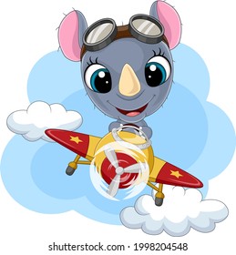 Cartoon baby rhino riding rocket