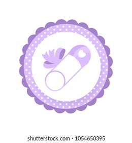Cartoon Baby safety pin with a ribbon bow, diaper pin. Baby shower tag, sticker for shop advertising. Vector illustration isolated on white background