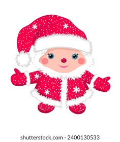 Cartoon baby Santa Claus in a red fur coat and hat. Christmas children's toy.