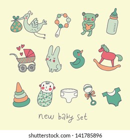 Cartoon baby set in vector. Stroller, rattle, stork, diaper, toys, horse, bear, rabbit, baby, milk and other cute elements