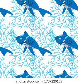 Cartoon baby shark vector clip art drawing. Seamless pattern. T-shirt print. Ocean fish character. Sweet funny animals.