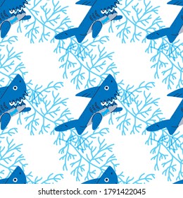 Cartoon baby shark vector clip art drawing. Seamless pattern. T-shirt print. Ocean fish character. Sweet funny animals.