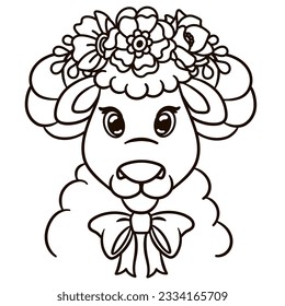 Cartoon baby sheep in floral crown. Cute baby animal nursery print