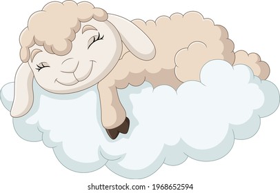 Cartoon baby sheep sleeping on the clouds