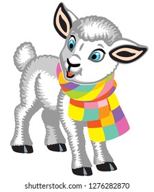cartoon baby sheep wearing a colorful knitted scarf . Cute white lamb . Isolated vector illustration for little kids