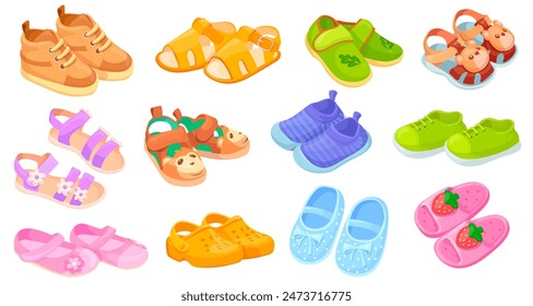 Zapatos de bebé de dibujos animados. Lindo calzado para niños, zapatos coloridos para niños zapatillas deportivas sandalias nueva colección para niña o niño, niños calzados informales Ilustración vectorial de calzado de dibujos animados