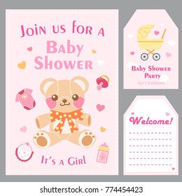 cartoon baby shower concept on the pink background