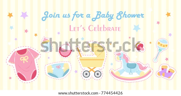 Cartoon Baby Shower Concept On Yellow Stock Vector Royalty Free 774454426