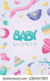 Cartoon baby shower concept. Vector background or banner with a frame of children toys and accessories.