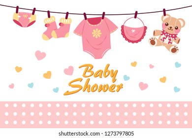 cartoon baby shower invitation card with toys on white background