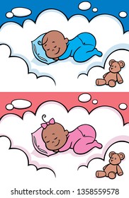 Cartoon baby sleeping on cloud. The illustration is in 2 versions for baby boy and baby girl. You can extend the color of the sky or the white color of the cloud to make place for your text.