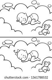 Cartoon baby sleeping on cloud. The illustration is in 2 versions for baby boy and baby girl. You can extend the color of the sky or the white color of the cloud to make place for your text.