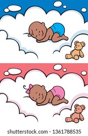 Cartoon baby sleeping on cloud. The illustration is in 2 versions for baby boy and baby girl. You can extend the color of the sky or the white color of the cloud to make place for your text.