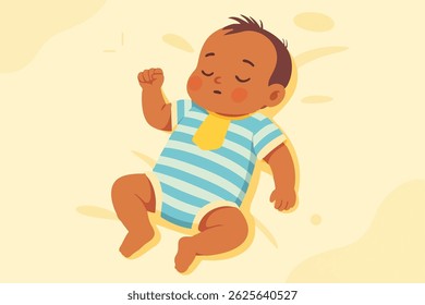 Cartoon baby sleeping peacefully on a soft surface in a blue striped onesie, surrounded by warm tones that convey comfort, innocence, and a gentle, restful moment.