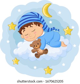 Cartoon Baby Sleeping With Teddy Bear On The Clouds