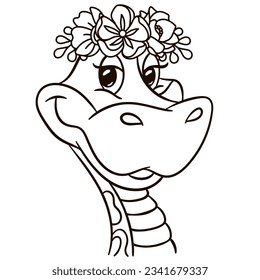 Cartoon baby snake in floral crown. Cute baby animal nursery print
