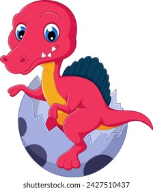 Cartoon baby spinosaurus hatching from egg of illustration