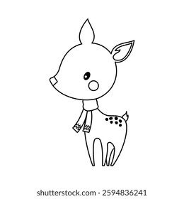 cartoon baby spotted deer fawn isolated, black and white baby animal in scarf, contour vector illustration