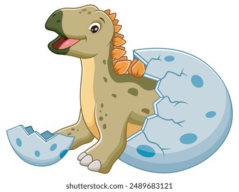 Cartoon Baby Stegosaurus Hatching From Egg. Animal Nature Icon Concept Isolated Premium Vector. Vector Illustration
