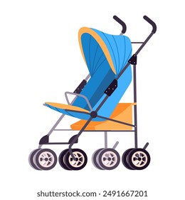 Cartoon baby stroller. Children and toddlers pushchair, kids safety transports for outdoor walking flat vector illustration. Baby wheeled pramsuit on white