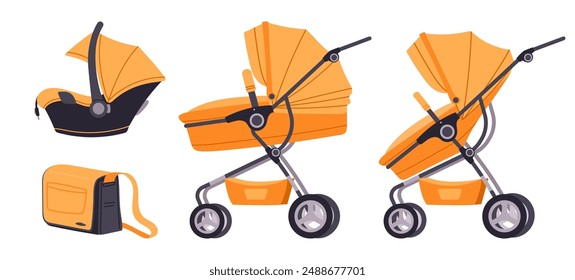 Cartoon baby stroller kit. Baby stroller transformer, comfortable and safety newborn carriage with car seat flat vector illustration set. Modular baby transport