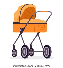 Cartoon baby stroller. Baby toddlers pushchair carriage, kids safety transport for outdoor walking isolated flat vector illustration. Baby wheeled pramsuit on white