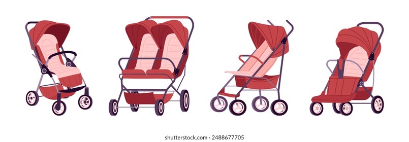 Cartoon baby strollers. Kids safety transports for outdoor walking, baby toddlers pushchairs and carriages flat vector illustration set. Baby wheeled strollers