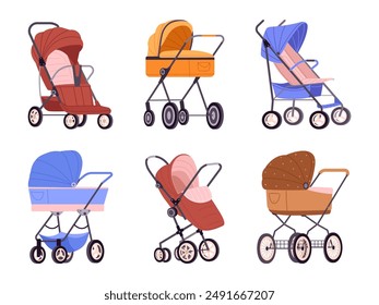 Cartoon baby strollers. Kids safety transports for outdoor walking, newborn children and toddlers pushchairs flat vector illustrations set. Babies wheeled pramsuits collection