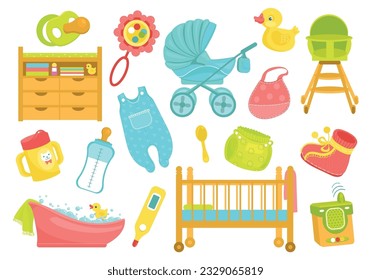 Cartoon baby supplies. Newborn accessories. Kids care products. Childish feeding. Swaddling table with commode. Toddlers bed. Bathing items. Toy duck and rattle. Splendid