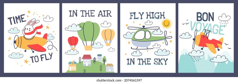 Cartoon baby t shirt prints with airplane and air balloons. Cute animal pilot in plane. Kid travel poster with aircraft transport vector set. Flying vehicles, helicopter among clouds