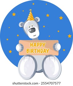 Cartoon Baby teddy bear Birthday card. blue and yellow happy birthday celebration card. Nursery