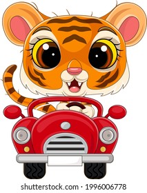 Cartoon baby tiger driving red car