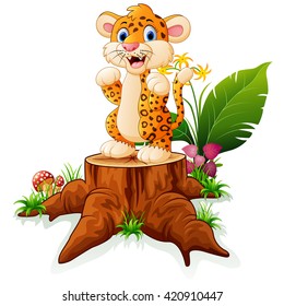 Cartoon baby tiger on tree trunk