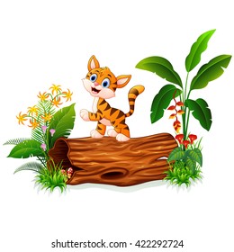 Cartoon baby tiger on tree trunk