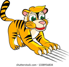 Cartoon baby tiger scratches with sharp claws and leaves marks. Isolated vector illustration on white background.