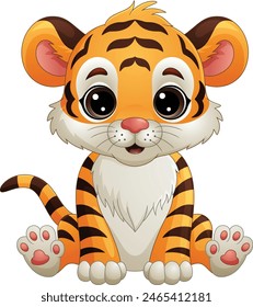 Cartoon baby tiger sitting on white background