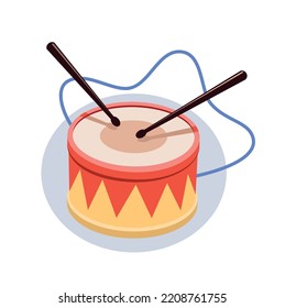 Cartoon baby toy drum with strap and wooden sticks, cute musical instrument cartoon vector icon isolated on white.