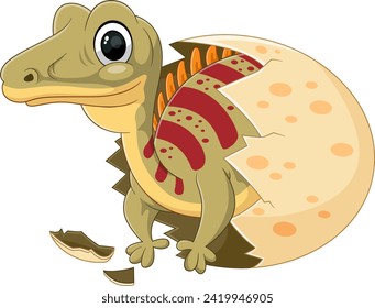 Cartoon baby unayasaurus dinosaur hatching from egg of illustration