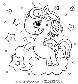 Cartoon baby unicorn on a cloud with stars. Black and white linear contour drawing. For children's coloring book design. cards, stickers, prints, posters, etc. Vector